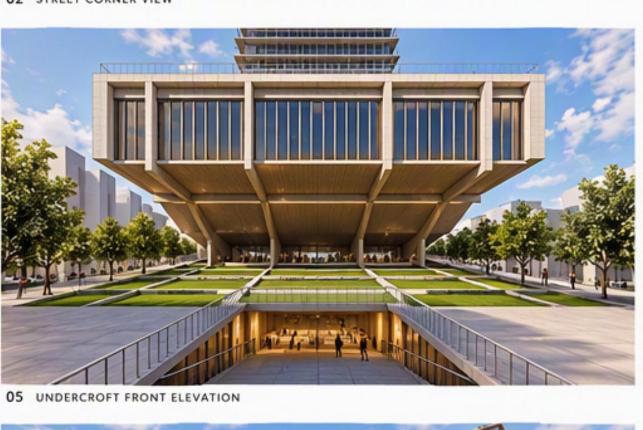 Frontal view of elevated volume and lower entrance